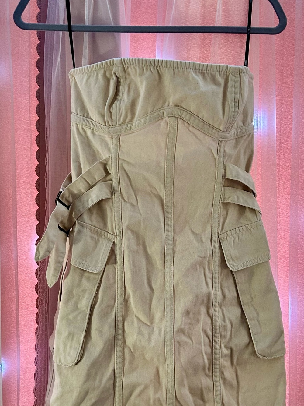 Beige Strapless Utility Cargo Dress